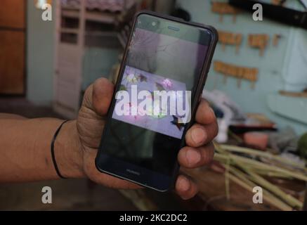 Blick auf das Handy auf die Werke von David Galicia, einem Handwerker aus dem Viertel Magdalena Tizic, in San Pedro Tláhuac, Mexiko-Stadt, am Vorabend des Tages der Toten. Am 22. Oktober 2020 in Mexiko-Stadt, Mexiko. (Foto von Gerardo Vieyra/NurPhoto) Stockfoto