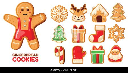 Set von süßen Lebkuchen für weihnachten. Stock Vektor