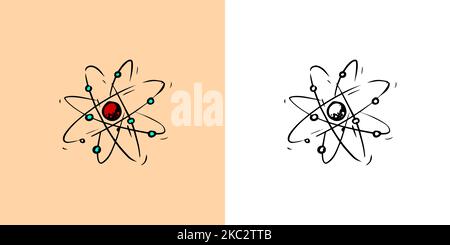 Atom umgeben von Elektronen. Kernkraft. Skizze des Strukturmodells. Physikzeichnung. Symbol für den „Education Doodle“. Umrisse schwarze Tinte für Infografik Stock Vektor
