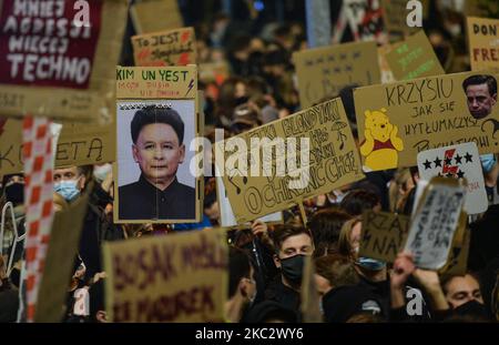 Pro-Choice-Aktivisten wurden während einer Demonstration vor dem Krakauer Nationalmuseum gesehen. Frauenrechtler und ihre Unterstützer veranstalteten ihren siebten Tag der Proteste in Krakau und in ganz Polen, um ihre Wut über das Urteil des Obersten Gerichts in Polen zum Ausdruck zu bringen, das die ohnehin strengen Abtreibungsgesetze verschärft hat. Am 28. Oktober 2020 in Krakau, Polen. (Foto von Artur Widak/NurPhoto) Stockfoto