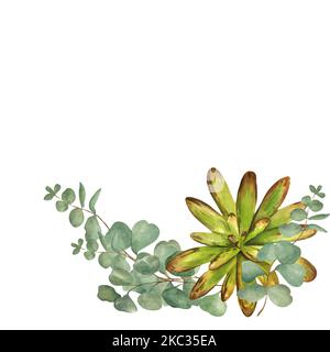 Aquarell-Komposition aus Zweigen von Eukalyptus und Sukkulenten auf weißem Hintergrund. Handgefertigtes Raster. Kann bei der Gestaltung von Postkarten, Servietten verwendet werden. Stockfoto