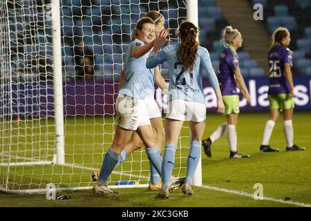 Citys Ellen White feiert den 8-1. Platz beim Barclays FA Women's Super League-Spiel zwischen Manchester City und Bristol City am Samstag, den 7.. November 2020 im Academy Stadium in Manchester. (Foto von Chris Donnelly/MI News/NurPhoto) Stockfoto