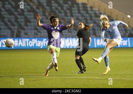 Alex Greenwood von Citys trifft die Latte mit einem Schuss während des Barclays FA Women's Super League-Spiels zwischen Manchester City und Bristol City am Samstag, dem 7.. November 2020, im Academy Stadium in Manchester. (Foto von Chris Donnelly/MI News/NurPhoto) Stockfoto