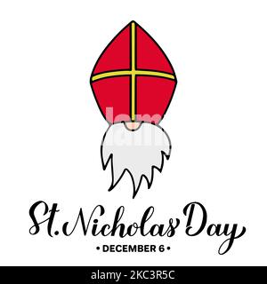 Happy St. Nikolaus Day Kalligraphie Hand Schriftzug isoliert auf weiß. Christlicher Feiertag im Dezember. Vektorvorlage für Typografie Poster, Banner, sti Stock Vektor