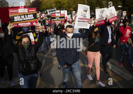 Am 12. November 2020 marschieren Menschen während einer Demonstration von Gastgeberinnen und Gastarbeitern, die in ihren Betrieben um Hilfe gegen die neuesten Virenbeschränkungen bitten, in Granada, Spanien. Seit November 10 sind Bars und Restaurants in Granada geschlossen, alle nicht notwendigen Gaststätten sind verpflichtet zu schließen, außer dass sie nur Speisen und Getränke zum Mitnehmen und zur Lieferung servieren. Mitarbeiter von Gaststätten wie Kellner, Köche und Restaurantbesitzer demonstrieren nach den von der andalusischen Regionalregierung verhängten Maßnahmen, um Hilfe in ihren Betrieben zu bitten. (Foto von Fermin Rodriguez/NurPhoto) Stockfoto