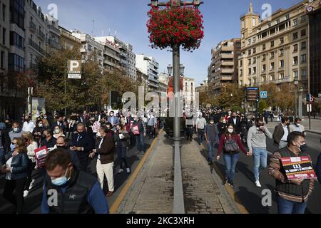 Am 12. November 2020 marschieren Menschen während einer Demonstration von Gastgeberinnen und Gastarbeitern, die in ihren Betrieben um Hilfe gegen die neuesten Virenbeschränkungen bitten, in Granada, Spanien. Seit November 10 sind Bars und Restaurants in Granada geschlossen, alle nicht notwendigen Gaststätten sind verpflichtet zu schließen, außer dass sie nur Speisen und Getränke zum Mitnehmen und zur Lieferung servieren. Mitarbeiter von Gaststätten wie Kellner, Köche und Restaurantbesitzer demonstrieren nach den von der andalusischen Regionalregierung verhängten Maßnahmen, um Hilfe in ihren Betrieben zu bitten. (Foto von Fermin Rodriguez/NurPhoto) Stockfoto