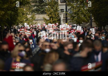 Am 12. November 2020 marschieren Menschen während einer Demonstration von Gastgeberinnen und Gastarbeitern, die in ihren Betrieben um Hilfe gegen die neuesten Virenbeschränkungen bitten, in Granada, Spanien. Seit November 10 sind Bars und Restaurants in Granada geschlossen, alle nicht notwendigen Gaststätten sind verpflichtet zu schließen, außer dass sie nur Speisen und Getränke zum Mitnehmen und zur Lieferung servieren. Mitarbeiter von Gaststätten wie Kellner, Köche und Restaurantbesitzer demonstrieren nach den von der andalusischen Regionalregierung verhängten Maßnahmen, um Hilfe in ihren Betrieben zu bitten. (Foto von Fermin Rodriguez/NurPhoto) Stockfoto
