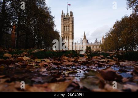Eine Union Jack-Flagge fliegt von der Spitze des Victoria Tower of the Houses of Parliament, die am 13. November 2020 in den Victoria Tower Gardens in London, England, während eines Herbstes mit Blättern zu sehen ist. (Foto von David Cliff/NurPhoto) Stockfoto