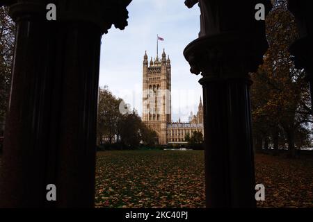 Eine Union Jack-Flagge fliegt von der Spitze des Victoria Tower of the Houses of Parliament, die am 13. November 2020 in den Victoria Tower Gardens in London, England, während eines Herbstes mit Blättern zu sehen ist. (Foto von David Cliff/NurPhoto) Stockfoto