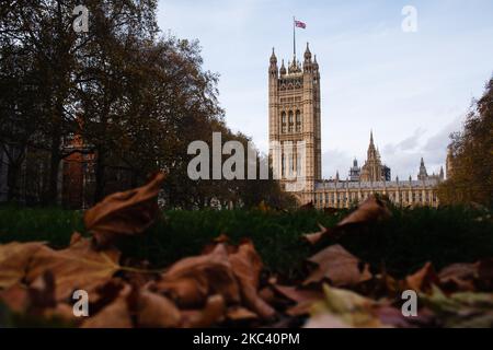 Eine Union Jack-Flagge fliegt von der Spitze des Victoria Tower of the Houses of Parliament, die am 13. November 2020 in den Victoria Tower Gardens in London, England, während eines Herbstes mit Blättern zu sehen ist. (Foto von David Cliff/NurPhoto) Stockfoto