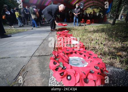 Etwa 100 Veteranen, Angehörige der Armee und Vertreter ausländischer Länder in Taiwan sowie andere Teilnehmer legen während eines Gedenktages im Taiwan POW Memorial and Peace Park Kränze ab und würdigen die Verstorbenen im Ersten und Zweiten Weltkrieg. Am 15. November 2020 in New Taipei City, Taiwan. (Foto von Ceng Shou Yi/NurPhoto) Stockfoto