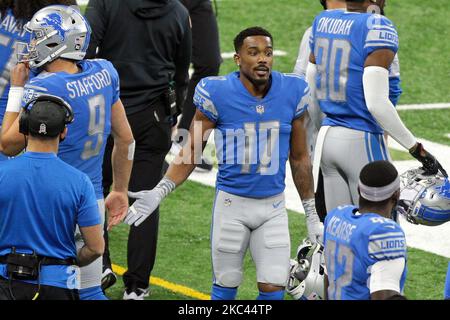 Marvin Hall (17), Breitempfänger der Detroit Lions, feiert seinen Touchdown mit Teamkollegen während der ersten Hälfte eines NFL-Fußballspiels gegen das Washington Football Team in Detroit, Michigan, USA, am Sonntag, 15. November 2020 (Foto: Jorge Lemus/NurPhoto) Stockfoto