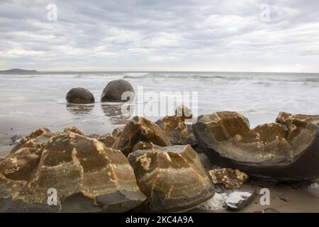 Moeraki-Felsbrocken werden am Koekohe Beach in Moeraki, Neuseeland, am 21. November 2020 gesehen. Nach Angaben von Wissenschaftlern begann die Moeraki-Boulder-Formation vor etwa 60 Millionen Jahren. (Foto von Sanka Vidanagama/NurPhoto) Stockfoto