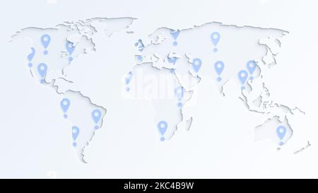 Hellgraue Weltkarte mit blauen Kartennadelsymbolen auf fast weißem Hintergrund. Papier ausschneiden Effekt. 4K Auflösung. Stockfoto