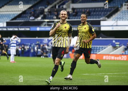 Watfords Ben Wilmot feiert das Eröffnungstreffer während des Sky Bet Championship-Spiels zwischen den Queens Park Rangers und Watford im Loftus Road Stadium, London, am Samstag, den 21.. November 2020. (Foto von Ian Randall/MI News/NurPhoto) Stockfoto