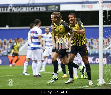 Watfords Ben Wilmot feiert das Eröffnungstreffer während des Sky Bet Championship-Spiels zwischen den Queens Park Rangers und Watford im Loftus Road Stadium, London, am Samstag, den 21.. November 2020. (Foto von Ian Randall/MI News/NurPhoto) Stockfoto