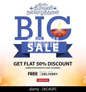 Diwali Festival Sale Banner Vorlage mit abstraktem Hintergrund - Big Sale Template Design mit 50% Rabatt. Übersetzen Happy Diwali Tamil Text. Stockfoto