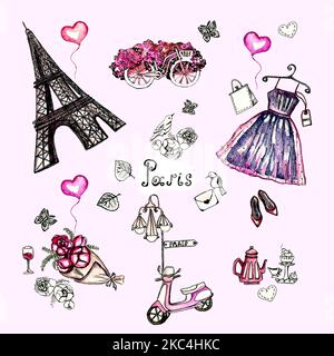 Aquarell-Set von Vintage Paris illustrations.Romantic, Valentinstag.Hand gezeichnete Doodle Skizze, Liebe Set rosa collections.Retro Postkarte, Aufkleber Stockfoto