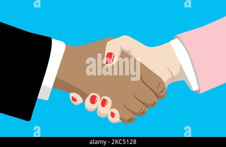 Ein Mann und eine Frau schütteln Hand auf blauem Hintergrund - Konzept von Geschäft und Zusammenarbeit Stock Vektor