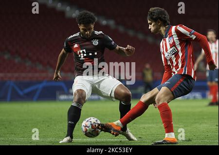 Joao Felix von Atletico Madrid und Serge Gnabry von Bayern treten beim UEFA Champions League Group A-Etappenspiel zwischen Atletico Madrid und dem FC Bayern München am 1. Dezember 2020 im Estadio Wanda Metropolitano in Madrid, Spanien, um den Ball an. (Foto von Jose Breton/Pics Action/NurPhoto) Stockfoto