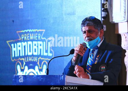 Anandeshwar Pandey, Vizepräsident der Handball Federation of India (HFI), sprach während der Ankündigung der Premier Handball League in Jaipur, Rajasthan, Indien, am Samstag, den 5. Dezember, 2020. (Foto von Vishal Bhatnagar/NurPhoto) Stockfoto