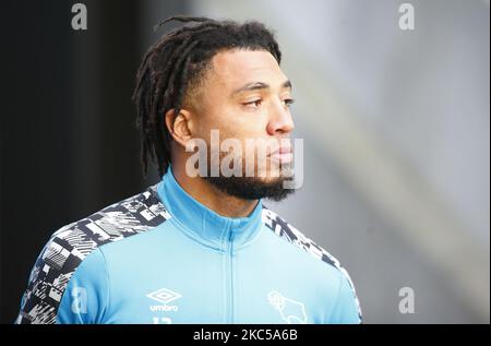 Colin Kazim-Richards von Derby County während des Vormatchwarms während der Sky Bet Championship zwischen Millwall und Derby County im Den Stadium, London am 05.. Dezember 2020 (Foto by Action Foto Sport/NurPhoto) Stockfoto