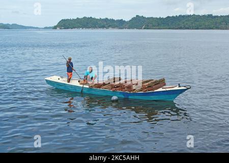 Zwei Männer tragen ein aus Kokosnussblättern bestehendes Hausdach auf einem Boot, das in der Hauptstadt verkauft werden soll. Bacan, Indonesien - 13. Januar 2017. Stockfoto