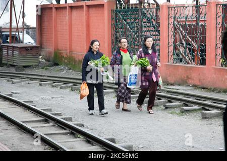 Frauen, die neben den Schienen leben, werden zwischen ihnen herumlaufen gesehen. Die Darjeeling Himalayan Railway oder DHR oder bekannt als Toy Train wegen der engen 2ft Gauge auf den Hängen des Himalaya in Indien. Der Zug verkehrt zwischen New Jalpaiguri und Darjeeling in Westbengalen, erbaut 1881 und erreicht eine Höhe von 2200m. Über dem Meeresspiegel. Die Lokomotive verwendet Diesel, aber auch Dampflokomotiven der B-Klasse kommen zum Einsatz und pendeln Einheimische und Touristen von Ghum nach Darjeeling auf einer Strecke mit Panoramablick auf die Berge, die Pisten, die Teeplantage und den Pass von den Städten neben den Häusern und Märkten. Stockfoto