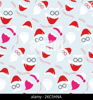 Nahtlose Santa Claus Muster Mode Hipster Stil Set Symbole. Santa Hüte, Schnurrbart und Bärte, Brille. Fröhliche Weihnachtselemente Stock Vektor