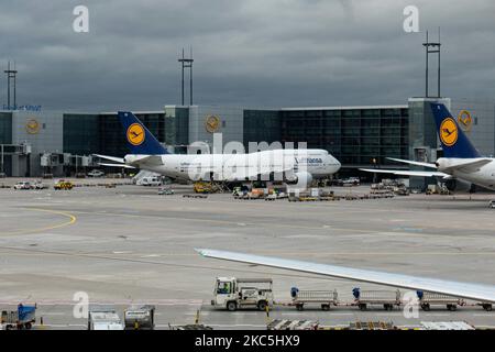 Lufthansa Boeing 747-8-Doppeldecker-Kultflugzeug aus der Sicht des Frankfurter Flughafens FRA. Das große Flugzeug ist bekannt als Queen of the Skies, eine viermotorige moderne und fortschrittliche Boeing B747, mit der Registrierung D-ABYD, dem Namen Mecklenburg-Vorpommern und angetrieben von 4x GE-Düsenmotoren. Die Deutsche Lufthansa AG DLH oder LH ist die größte Airline Deutschlands mit Drehkreuz in Frankfurt, München und den Flughäfen Berlin, ehemalige deutsche Flaggenfluggesellschaft und Gründungsmitglied der Star Alliance Airline Aviation Group. Der weltweite Personenverkehr ging während der Pandemie des Coronavirus Covid-19 zurück, und die Branche kämpfte Stockfoto