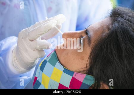 Eine Krankenschwester führt einen Tupfer in die Nase einer Person ein, die am 10. Dezember 2020 den Covid PCR-Test in Bogota, Kolumbien, durchführt. (Foto von Daniel Garzon Herazo/NurPhoto) Stockfoto