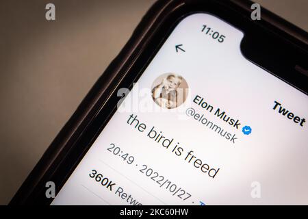 Vancouver, KANADA - 4 2022. November : Tweet „der Vogel ist befreit“ von Elon Musk (elonmusk) auf Twitter-Website auf einem iPhone. Elon Musk Twitter Übernahmekonzept Stockfoto