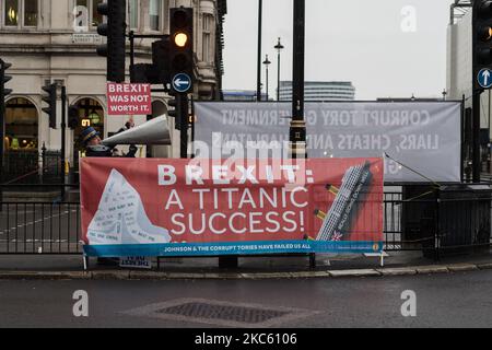 Pro-EU-Demonstranten protestieren am 16. Dezember 2020 in London, England, vor dem Parlament gegen den No-Deal-Brexit. Die Staats- und Regierungschefs Großbritanniens und der EU haben sich darauf geeinigt, nach dem Brexit Handelsgespräche zu führen, und gelobten, „extra Meile“ zu gehen, um zu versuchen, eine Einigung zu erzielen, und zwar weniger als drei Wochen bis zum Ende der Übergangsphase. (Foto von Wiktor Szymanowicz/NurPhoto) Stockfoto