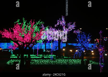 Während der Pandemie des neuartigen Coronavirus (COVID-19) am 15. Dezember 2020 in Vaughan, Ontario, Kanada, genießen die Menschen Weihnachtslichter aus der Sicherheit ihrer Fahrzeuge auf einem kontaktlosen Drive-Thru-Display. Das Display ist eine sozial distanzierte, vollständig kontaktlose Drive-Thru-Erfahrung mit mehr als 1.000.000 LED-Leuchten. Die Stadt Vaughan wurde aufgrund der zunehmenden COVID-19-Fälle in den vergangenen Wochen in den Sperrungsfall gebracht. Die Provinz Ontario meldete heute 2.275 neue COVID-19-Fälle, was einen neuen Tagesrekord für die täglichen Fälle darstellt, die in einem Zeitraum von 24 Stunden seit Beginn der Pandemie gemeldet wurden. Stockfoto