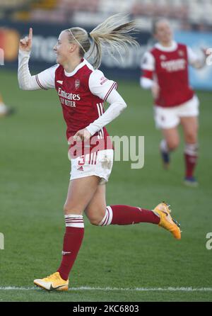 Beth Mead von Arsenal feiert ihr Tor während der Barclays FA Women's Super League zwischen Arsenal und Everton Women am 20.. Dezember 2020 im Meadow Park Stadium, Borehamwood, Großbritannien (Foto von Action Foto Sport/NurPhoto) Stockfoto