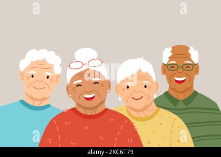 Gruppe von glücklich lächelnden alten älteren Menschen, Silber Generation. Flache Vektorgrafik auf grauem Hintergrund Stock Vektor