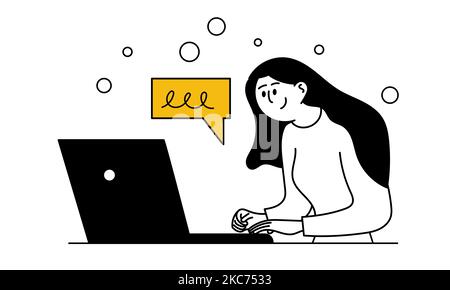Frau arbeiten auf Laptop und Business Charakter Arbeitsplatz Vektor Illustration. Arbeit im Internet und freiberufliche Mitarbeiter. Cartoon Büro freiberuflich und online Co Stock Vektor