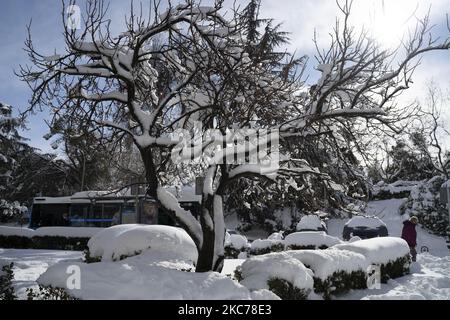 Schäden durch den Sturm Filomena in Madrid, Spanien am 10. Januar 2021. Der Sturm Filomena brachte mehr als 50cm Schnee in die spanische Hauptstadt, den größten seit Jahrzehnten. (Foto von Oscar Gonzalez/NurPhoto) Stockfoto