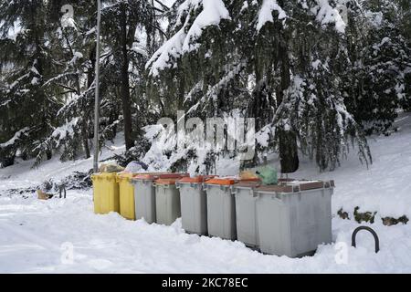 Schäden durch den Sturm Filomena in Madrid, Spanien am 10. Januar 2021. Der Sturm Filomena brachte mehr als 50cm Schnee in die spanische Hauptstadt, den größten seit Jahrzehnten. (Foto von Oscar Gonzalez/NurPhoto) Stockfoto