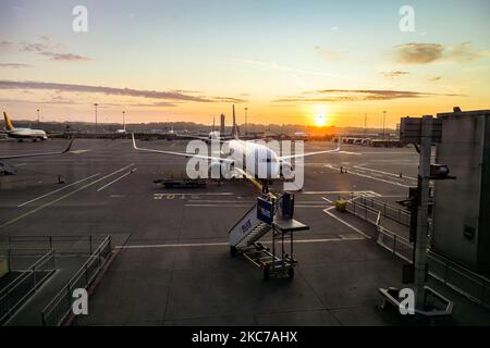 Am frühen Morgen magische Stunde Sonnenaufgang Landschaft in London Stansted STN EGSS Flughafen, mit Flugzeugen von Ryanair FR RYR Irish Low-Cost-Carrier, Boeing 737-800 Flugzeug geparkt auf dem Asphalt des Vorfeldes vor den Toren des Flughafenterminals. Der weltweite Passagierverkehr ging während der Coronavirus-Pandemie von Covid-19 zurück, da die Luftfahrtindustrie aufgrund der Sperre und Reisebeschränkungen ums Überleben kämpfte und staatliche Finanzhilfen benötigte, die Flotte geerdet wurde, während sie Reisende aufforderte, Gesichtsmask zu tragen, negative Tests durchzuführen oder in Quarantäne zu bleiben. Stansted Airport, Großbritannien auf SE Stockfoto