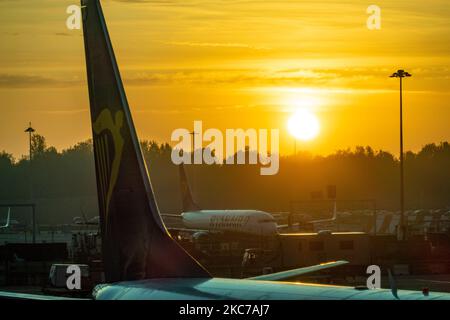 Am frühen Morgen magische Stunde Sonnenaufgang Landschaft in London Stansted STN EGSS Flughafen, mit Flugzeugen von Ryanair FR RYR Irish Low-Cost-Carrier, Boeing 737-800 Flugzeug geparkt auf dem Asphalt des Vorfeldes vor den Toren des Flughafenterminals. Der weltweite Passagierverkehr ging während der Coronavirus-Pandemie von Covid-19 zurück, da die Luftfahrtindustrie aufgrund der Sperre und Reisebeschränkungen ums Überleben kämpfte und staatliche Finanzhilfen benötigte, die Flotte geerdet wurde, während sie Reisende aufforderte, Gesichtsmask zu tragen, negative Tests durchzuführen oder in Quarantäne zu bleiben. Stansted Airport, Großbritannien auf SE Stockfoto