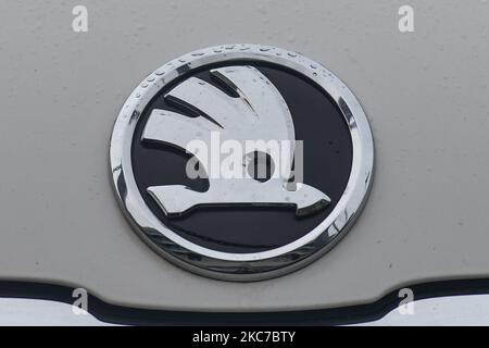 Ein Skoda-Logo auf einem geparkten Auto im Stadtzentrum von Dublin. Am Dienstag, den 11. Januar 2021, in Dublin, Irland. (Foto von Artur Widak/NurPhoto) Stockfoto