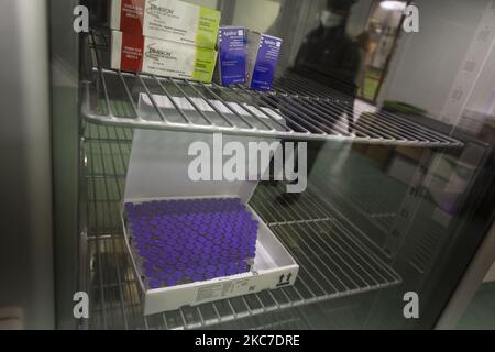 Mitarbeiter im Gesundheitswesen erhalten am 10. Januar 2021 den Impfstoff Pfizer-BioNtech Coronavirus in der Impfstelle in der Nähe des Veranstaltungsortes „Mostra d'Oltremare“ in Neapel, Italien. (Foto von Fabio Burrelli/NurPhoto) Stockfoto