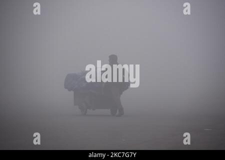 Am 15. Januar 2021 schiebt ein Mann in Srinagar, Kaschmir, einen Handkarren unter dichtem Nebel.Ein Beamter der meteorologischen Abteilung sagte, dass Srinagar, die Sommerhauptstadt von Jammu und Kaschmir, die Mindesttemperatur von minus 7,6 Grad Celsius registriert habe, was einem Anstieg von fast einem Grad gegenüber dem Minus 8,4 Grad Celsius der Vornacht, Die kälteste nach 25 Jahren aufgezeichnete Temperatur. (Foto von Faisal Khan/NurPhoto) Stockfoto