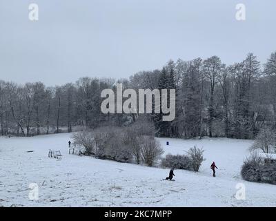 Die Menschen genießen einen verschneiten Tag in Stuttgart am 17. Januar 2021 (Foto: Agron Beqiri/NurPhoto) Stockfoto