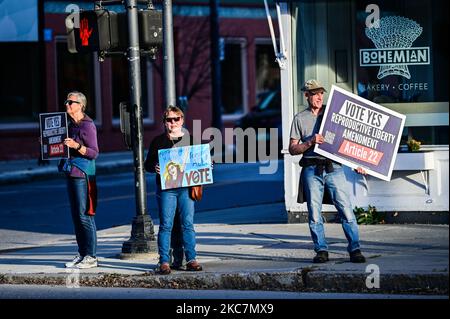 Demonstranten in Vermont für eine Änderung der reproduktiven Rechte an der Verfassung des Staates Vermont, Montpelier, Vermont, Neuengland, USA. Stockfoto