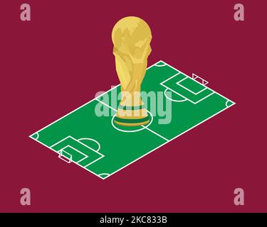 Isometrische Darstellung des Fußballfelds und der Trophäe der FIFA-Weltmeisterschaft in der Farbe der katarischen Flagge. Stock Vektor