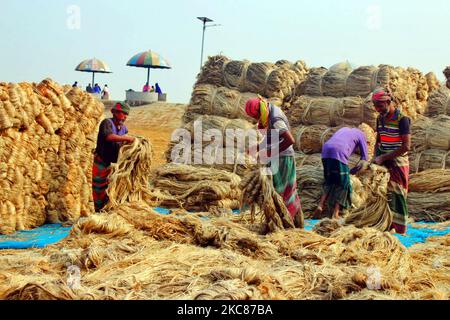 Tägliche Arbeiter, die am 26. Januar 2021 im Distrikt Jamalpur in Dhaka, Bangladesch, Jute verarbeiten (Foto: Mamunur Rashid/NurPhoto) Stockfoto