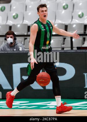 Neno Dimitrijevic vom Club Joventut Badalona beim Eurocup 7 Days Top 16 Round 3 Match zwischen Club Joventut Badalona und AS Monaco im Pabellon Olimpico de Badalona in Barcelona, Spanien. (Foto von David Ramirez/DAX Images/NurPhoto) Stockfoto