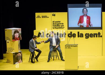 Wahlkampfveranstaltung der Esquerra Republicana de Catalunya (ERC - Kataloniens republikanische Linke), der Mitte-Links-Partei für die Unabhängigkeit Kataloniens, unter Beteiligung ihres Spitzenführers Oriol Junqueras, der durch das Referendum von 2019 inhaftiert wurde, und des Kandidaten bei den Regionalwahlen, Pere Aragonés, am 29. Januar in Badalona bei Barcelona, 2021. (Foto von Albert Llop/NurPhoto) Stockfoto